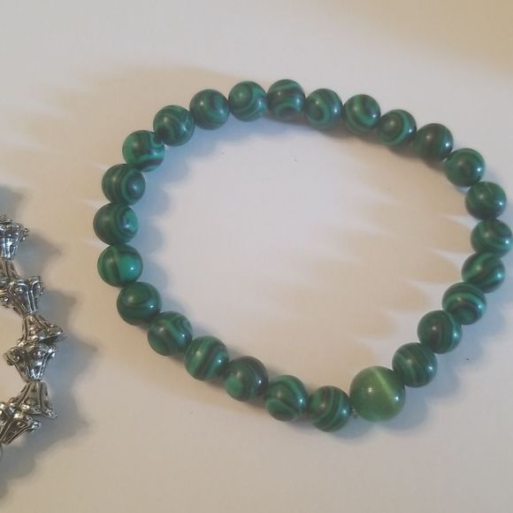 Mens 2 Pc. Green Malachite & Silverplated Expansion Bracelets Custom Made 8" - Picture 7 of 15